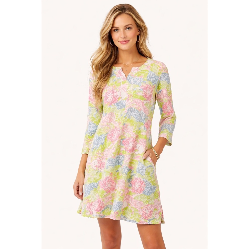Lilly Pulitzer Etta Dress Lion Around Pink Green Animal Print Shift Pocket Large